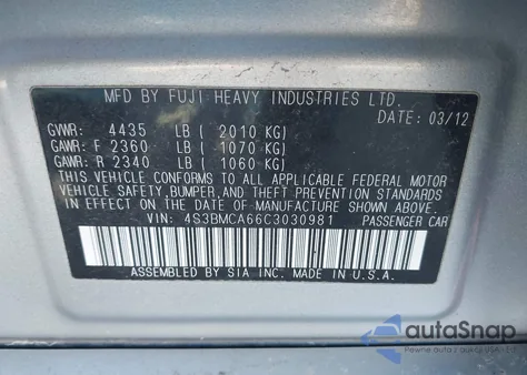 2012 Subaru Legacy 2.5I из США, поврежденный, VIN 4S3BMCA66C3030981